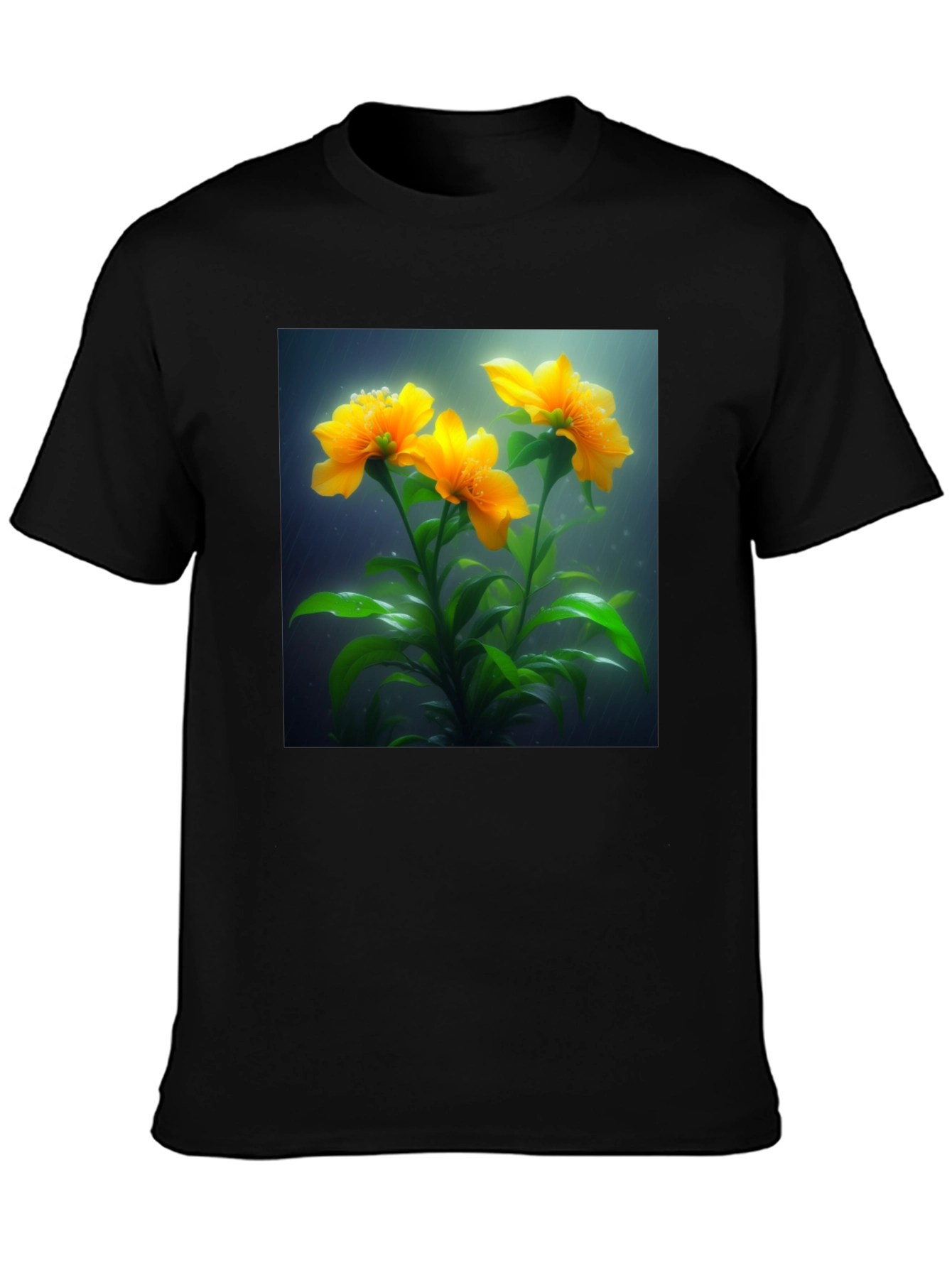 Camiseta Negra con Diseño Floral Amarillo