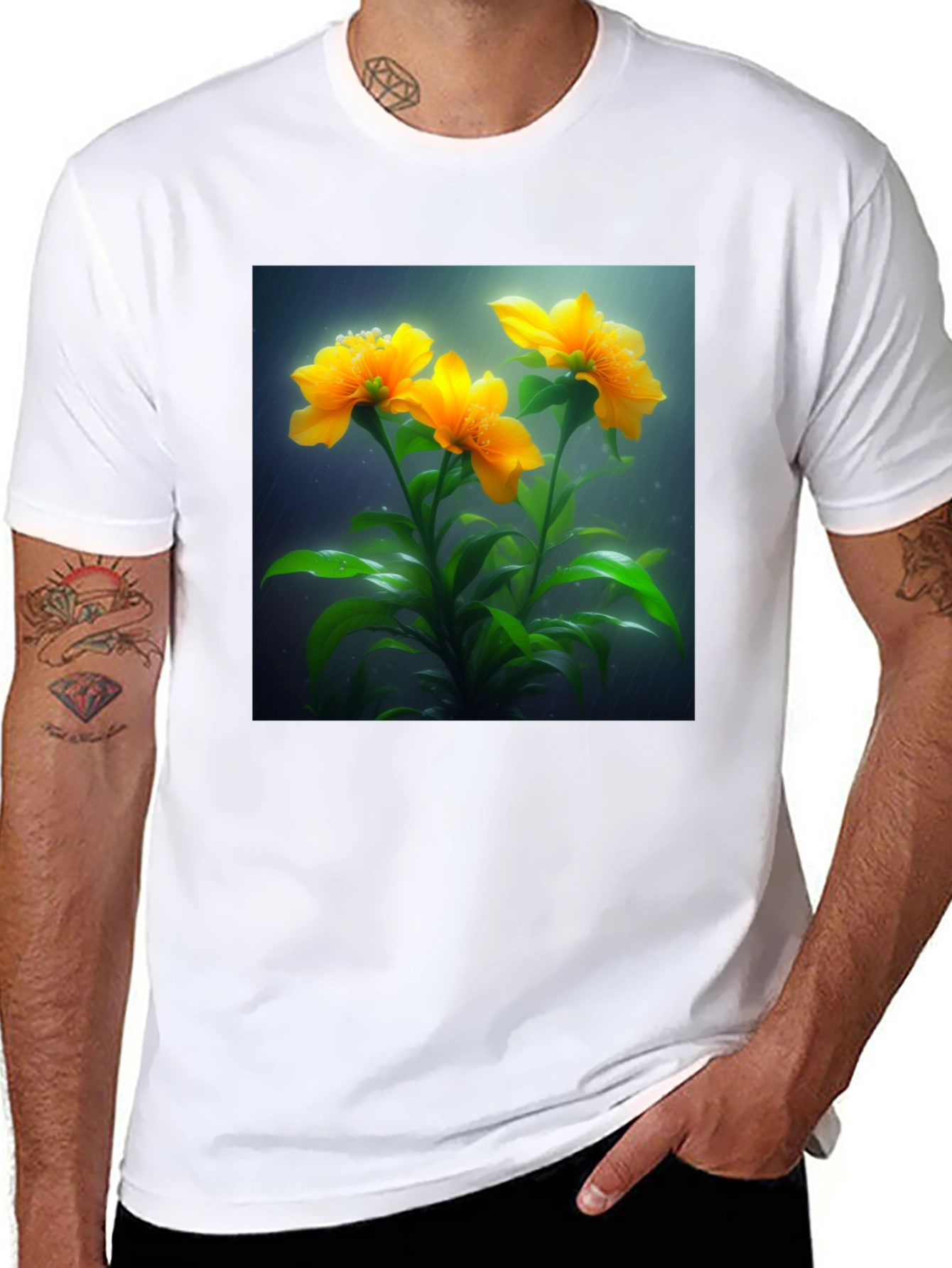 Camiseta Negra con Diseño Floral Amarillo