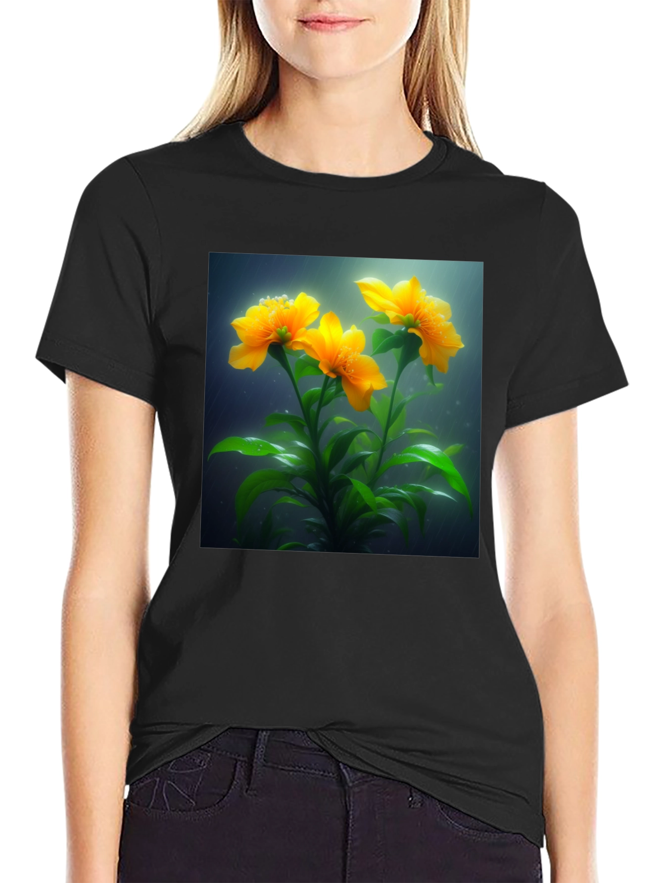Camiseta Negra con Diseño Floral Amarillo