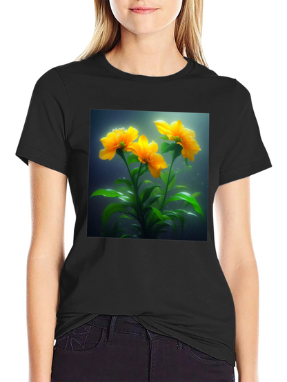 Camiseta Negra con Diseño Floral Amarillo