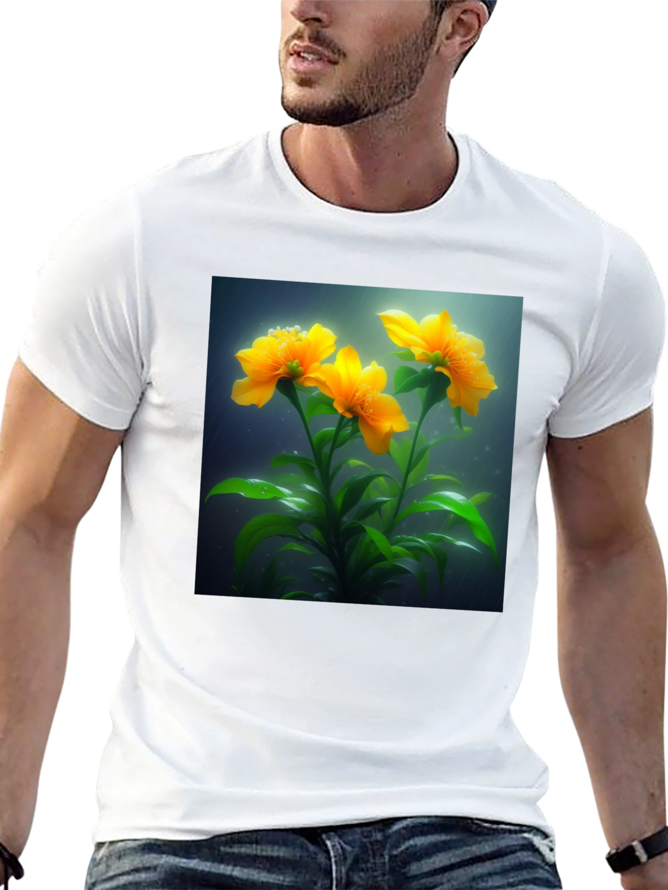 Camiseta Negra con Diseño Floral Amarillo