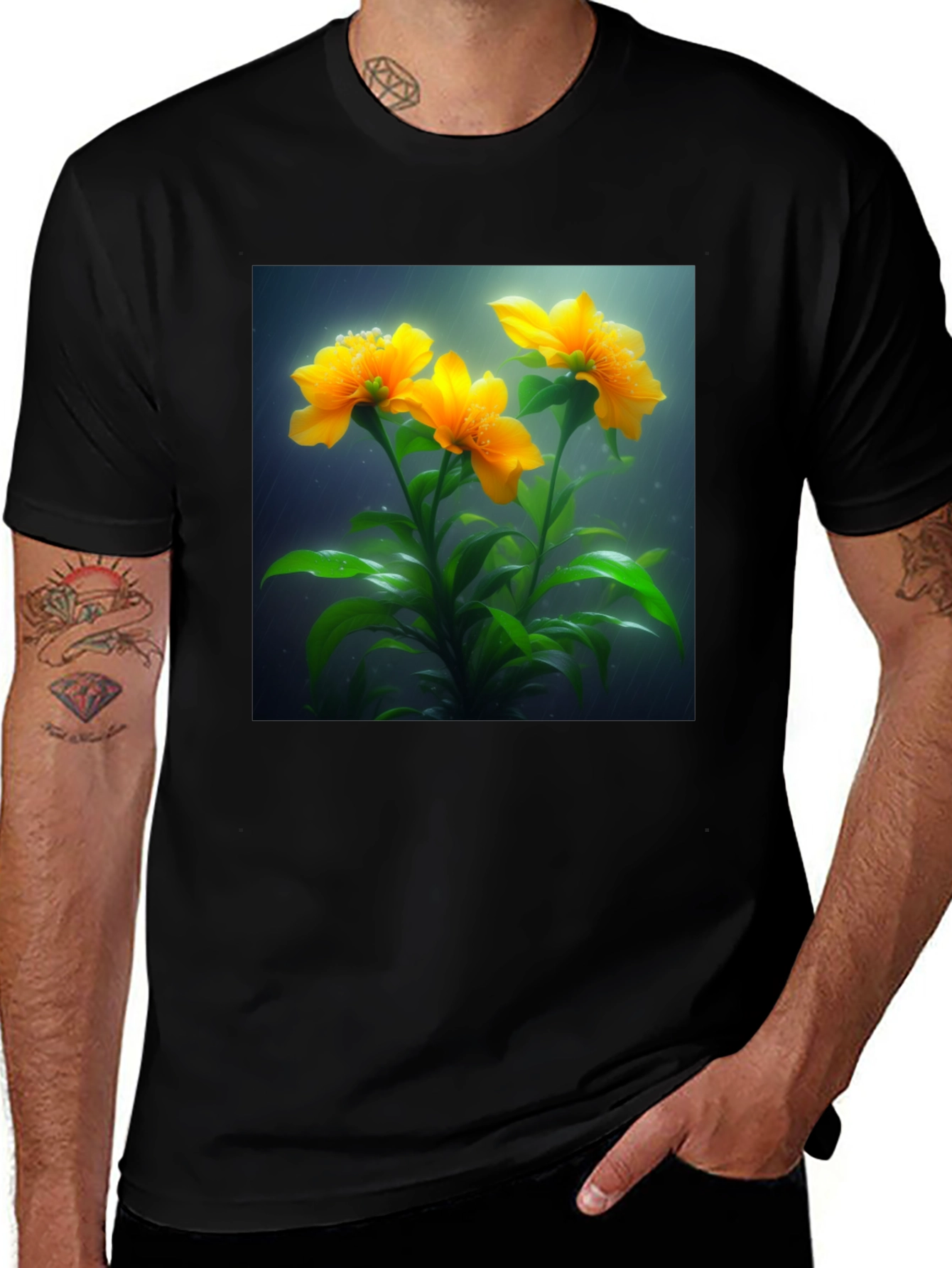 Camiseta Negra con Diseño Floral Amarillo