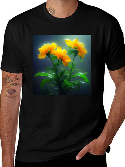 Camiseta Negra con Diseño Floral Amarillo