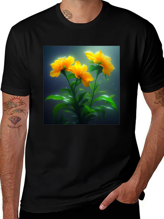 Camiseta Negra con Diseño Floral Amarillo