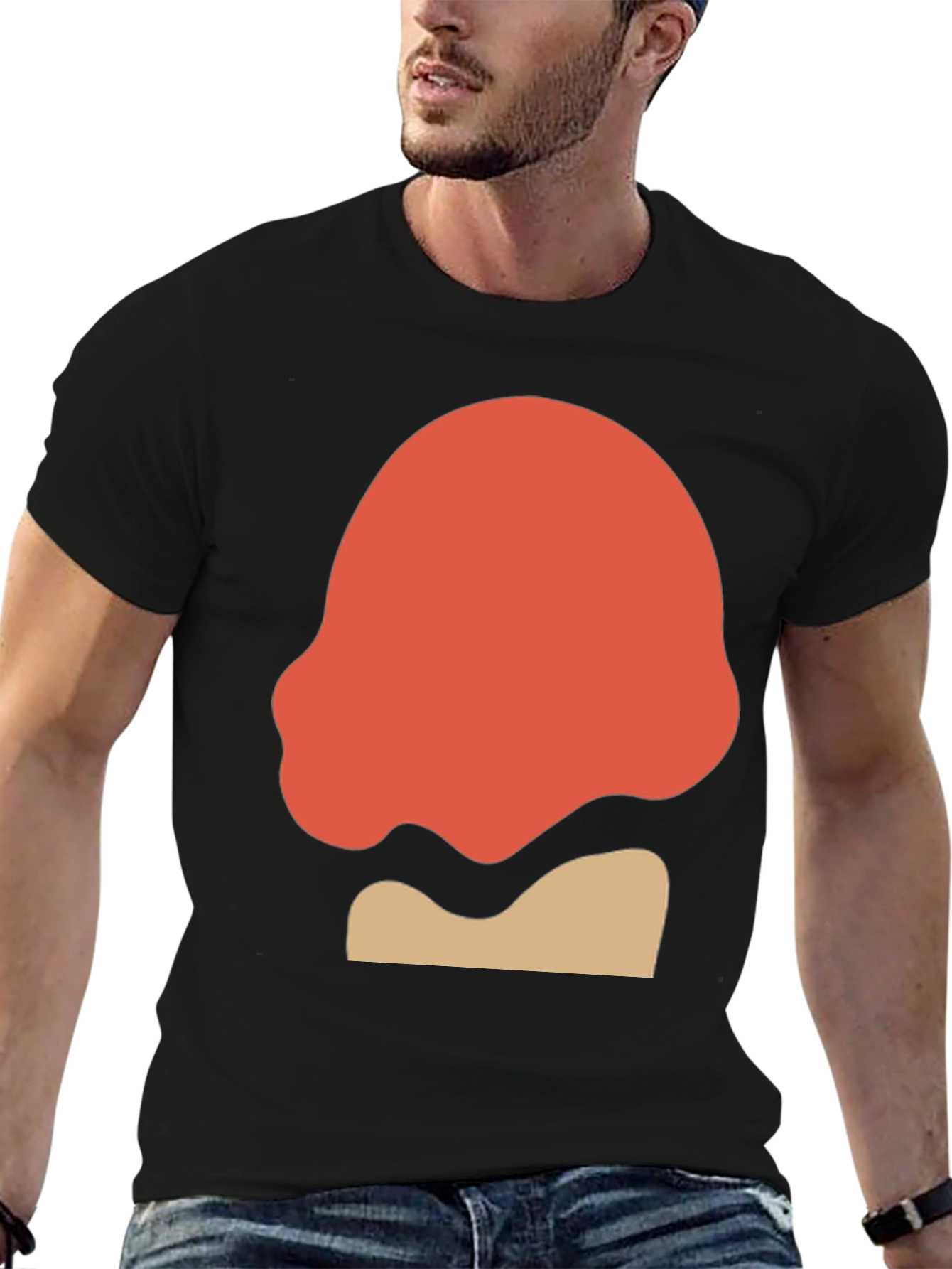Camiseta Negra con Diseño Abstracto Naranja y Beige