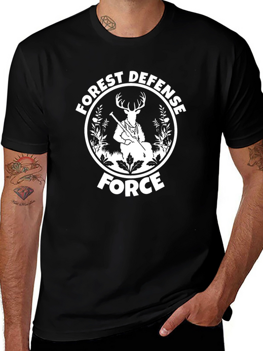 Camiseta Negra con Diseño de Ciervo Forest Defense Force