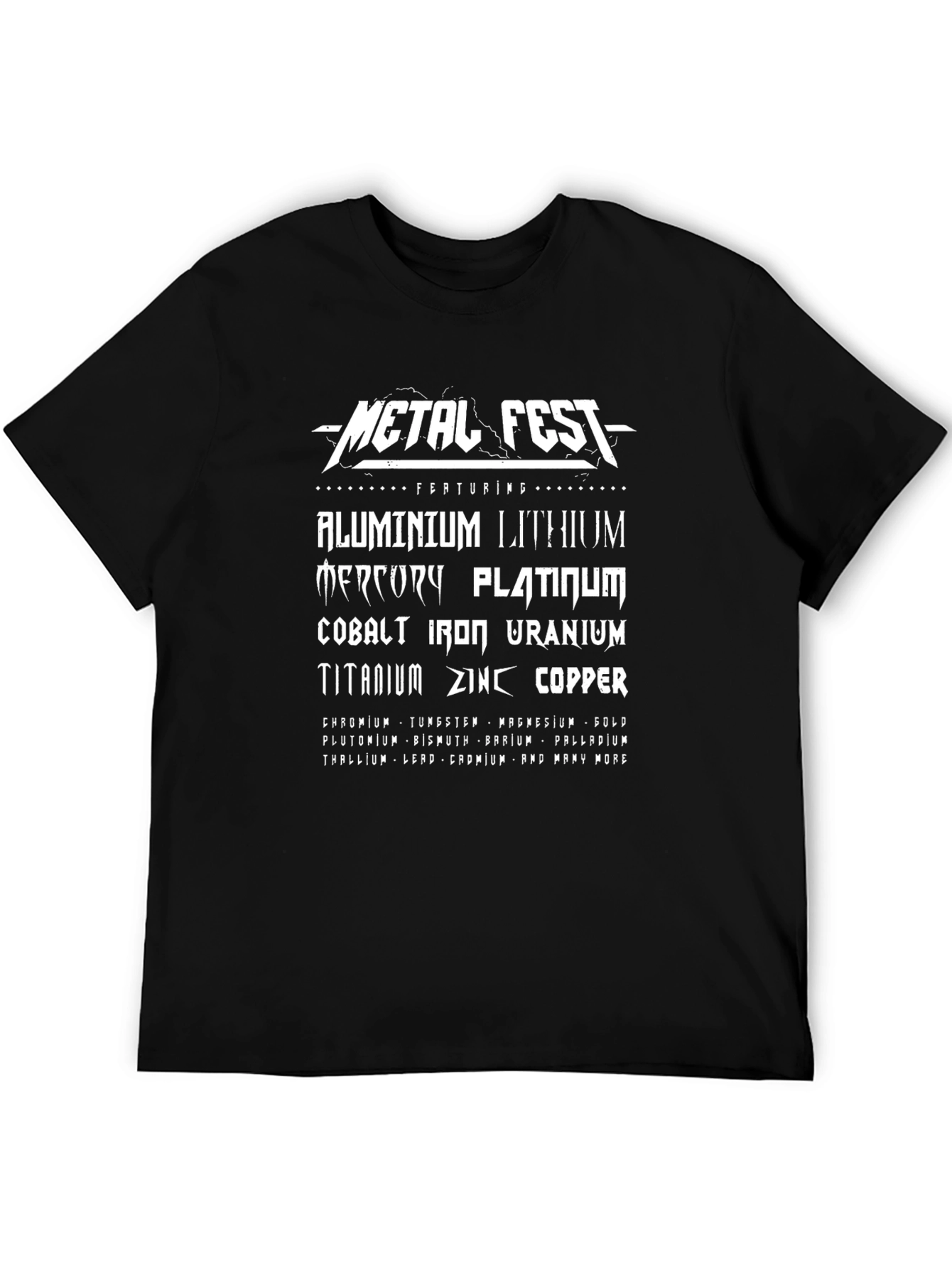 Camiseta Negra Metal Fest con Elementos Químicos