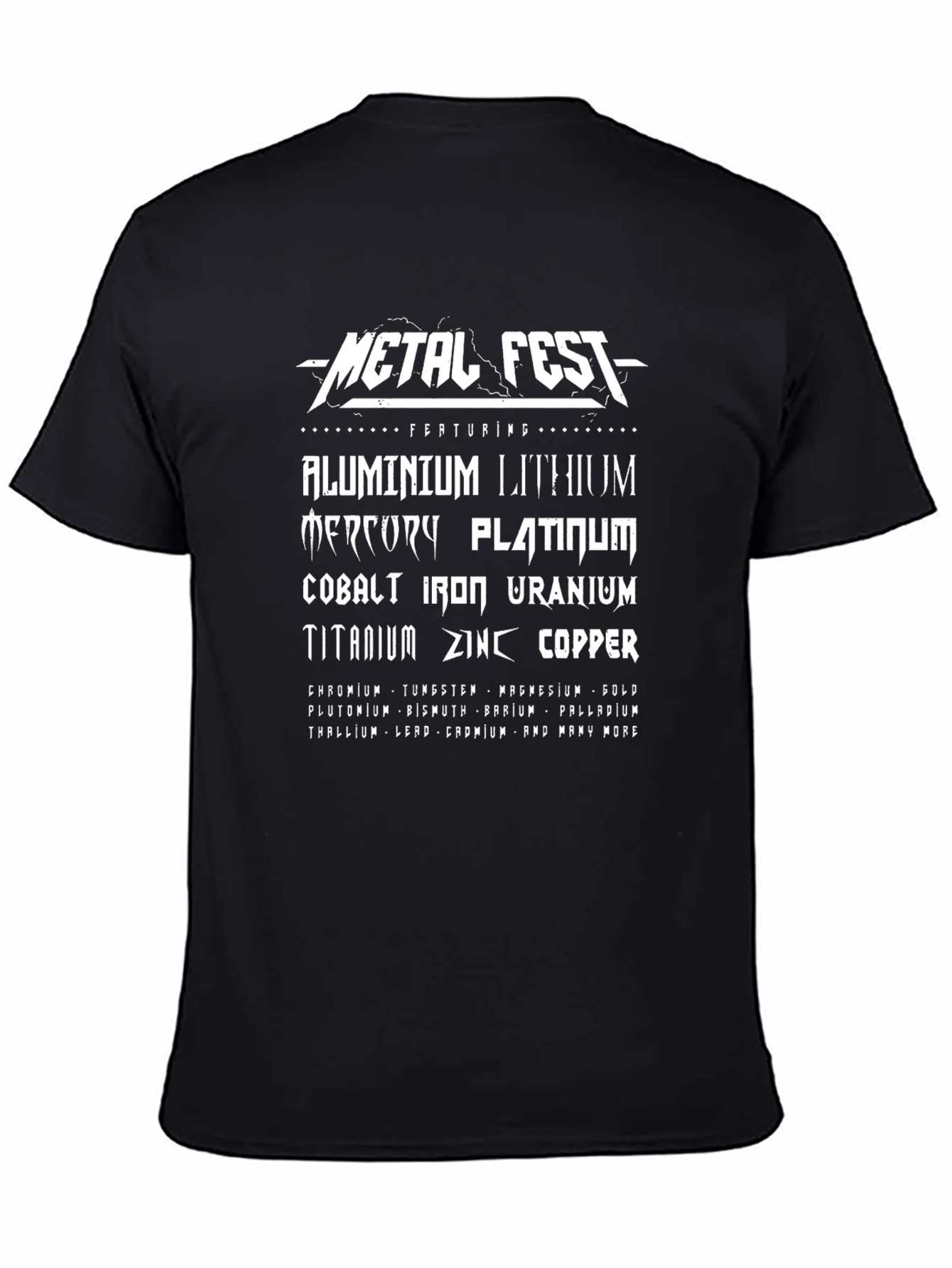 Camiseta Negra Metal Fest con Elementos Químicos