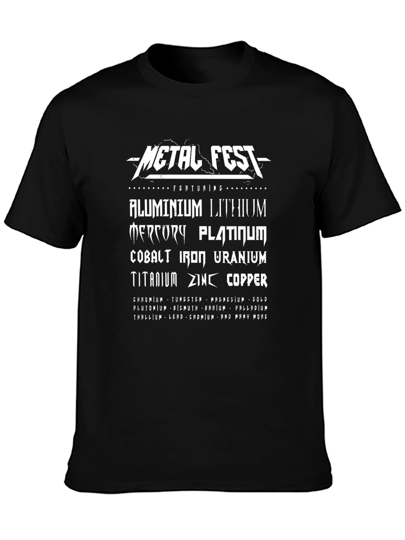 Camiseta Negra Metal Fest con Elementos Químicos