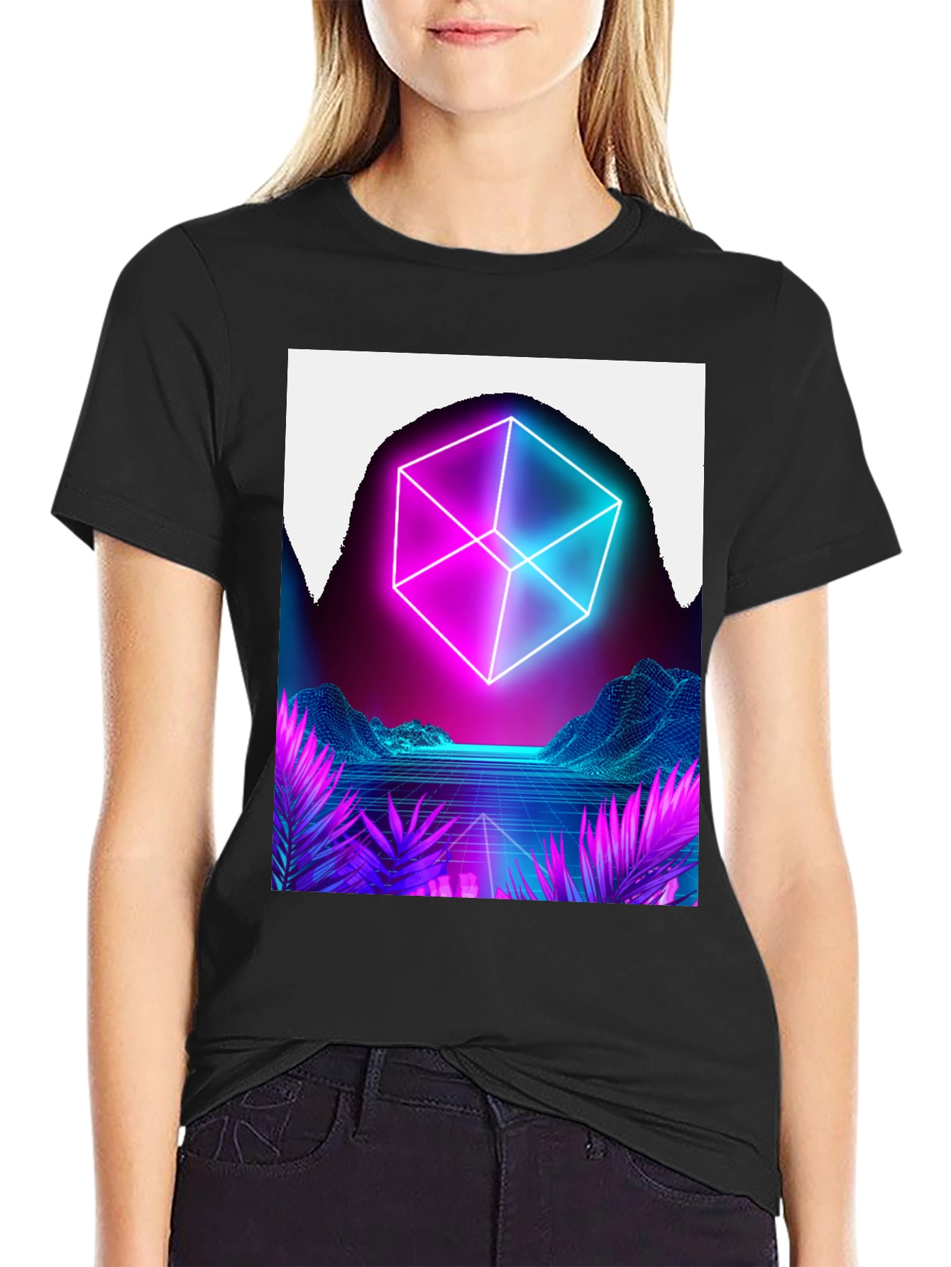 Camiseta Hombre Diseño Cubo Neón Retro