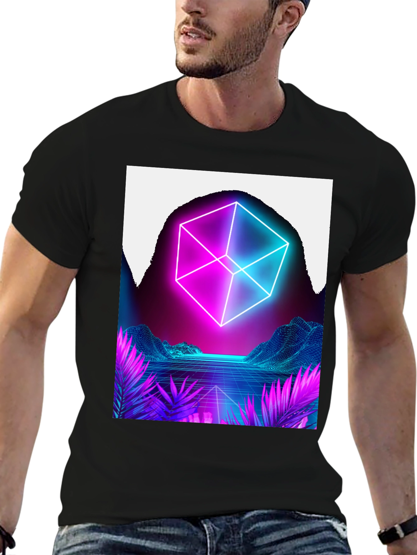 Camiseta Hombre Diseño Cubo Neón Retro