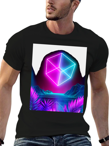 Camiseta Hombre Diseño Cubo Neón Retro