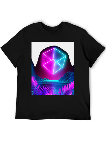 Camiseta Hombre Diseño Cubo Neón Retro