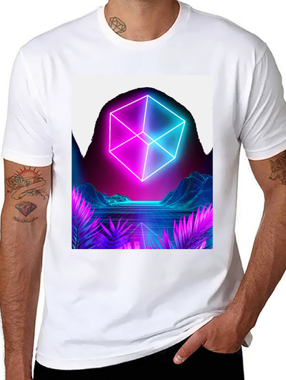 Camiseta Hombre Diseño Cubo Neón Retro