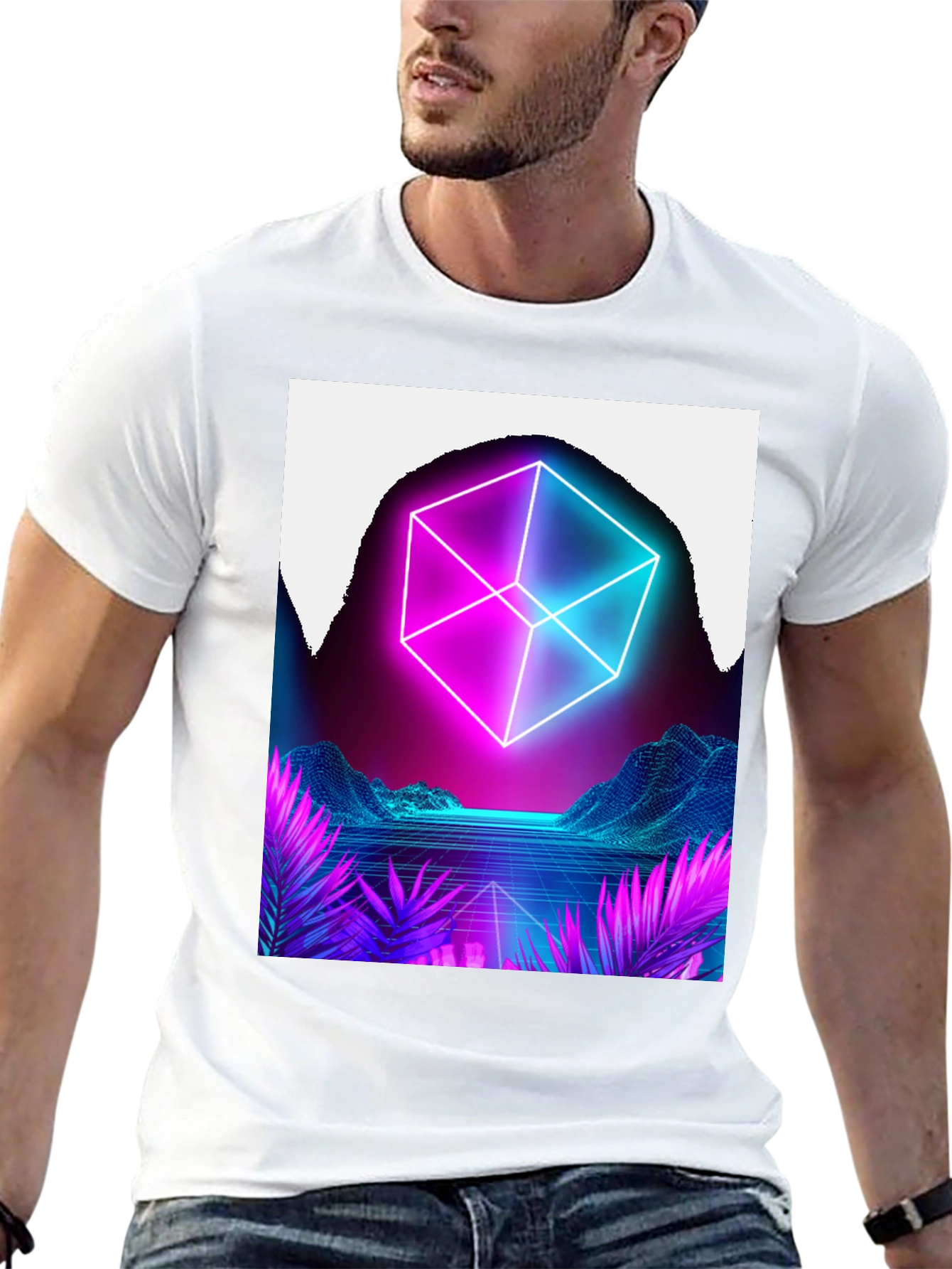 Camiseta Hombre Diseño Cubo Neón Retro
