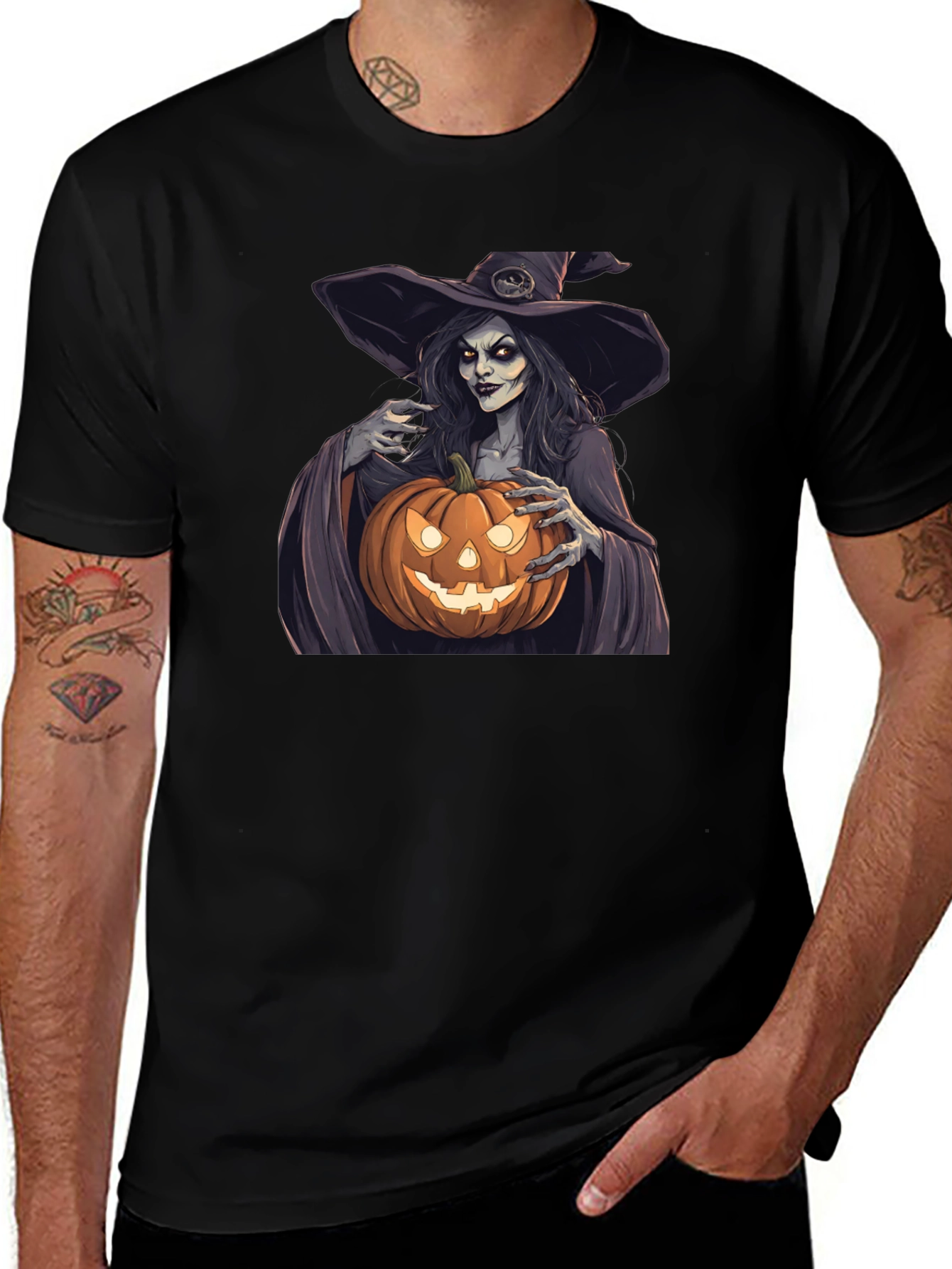 Camiseta Negra Halloween Bruja Calabaza