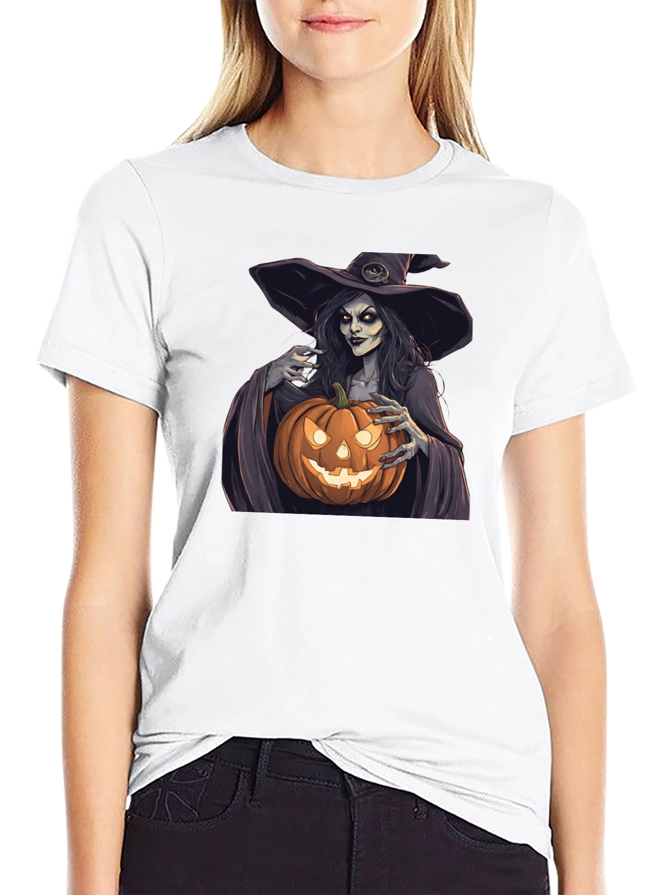 Camiseta Negra Halloween Bruja Calabaza