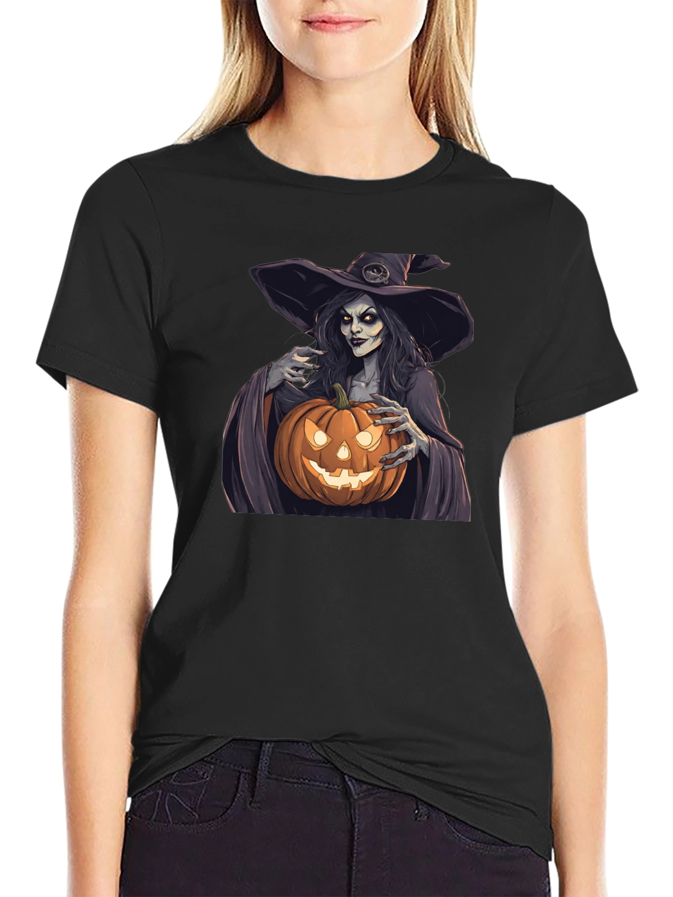 Camiseta Negra Halloween Bruja Calabaza