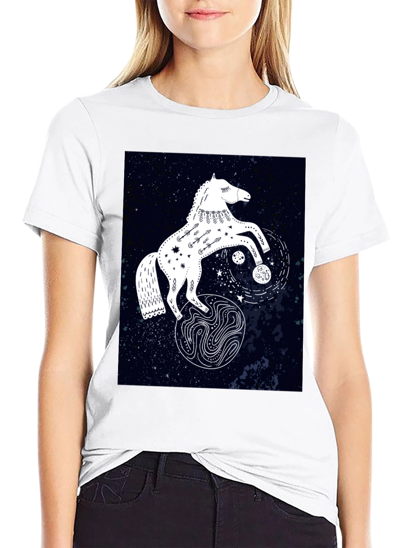 Camiseta Negra con Diseño de Caballo Celestial