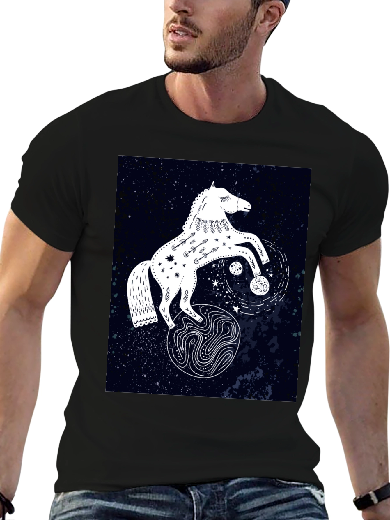 Camiseta Negra con Diseño de Caballo Celestial