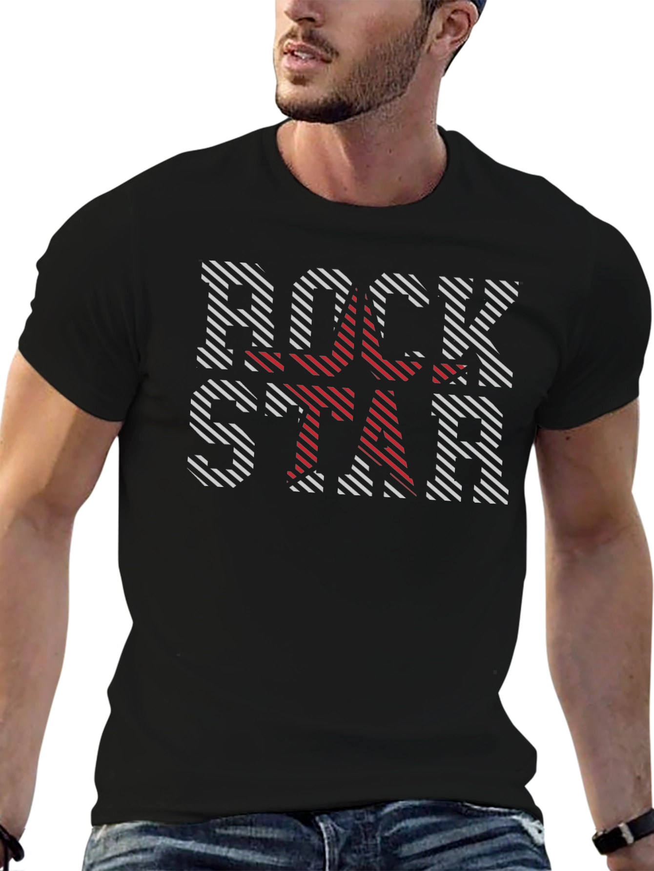 Camiseta Negra Rockstar con Estampado Rayado