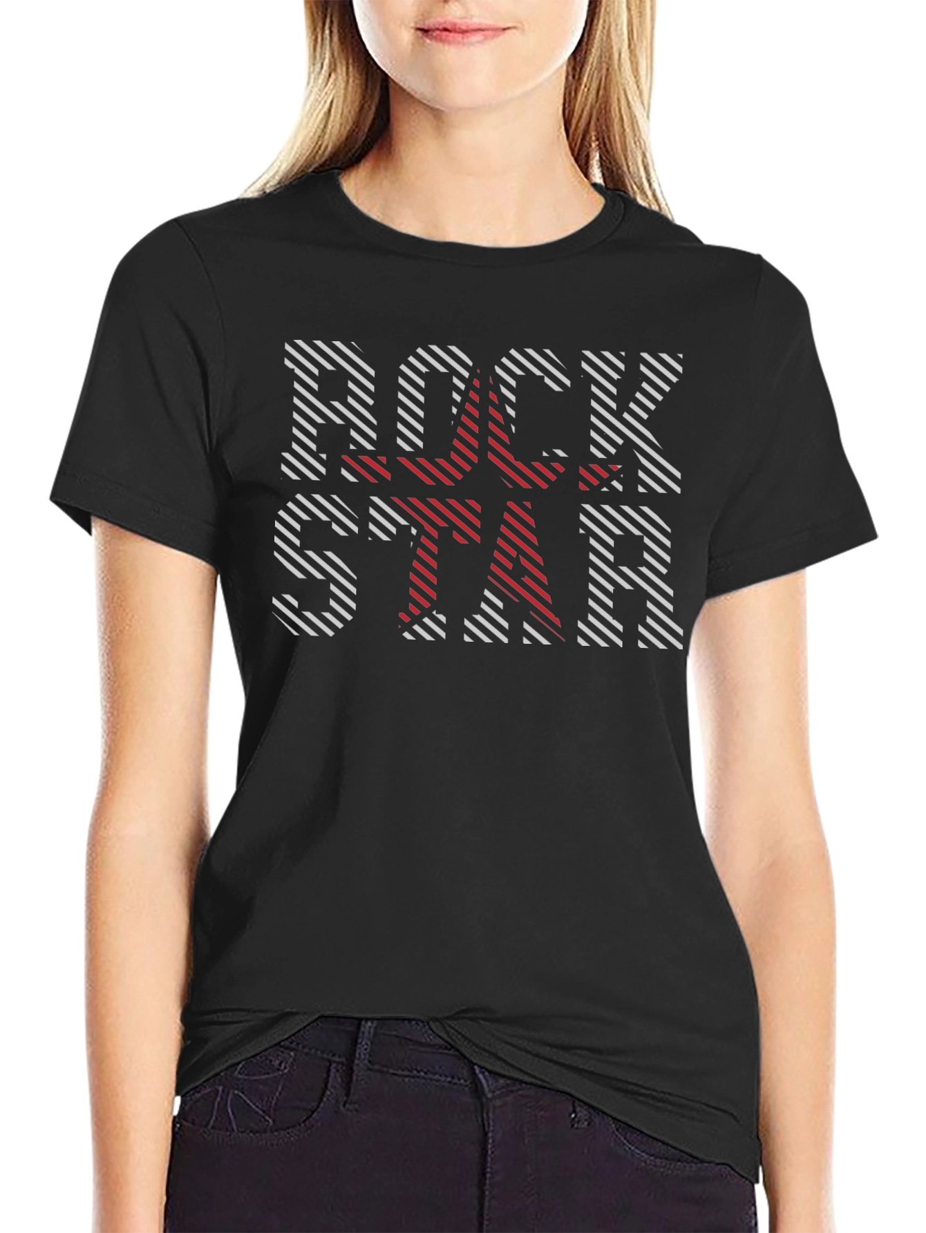 Camiseta Negra Rockstar con Estampado Rayado