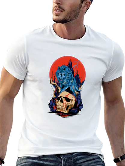Camiseta Negra: Lobo y Cráneo con Luna Roja