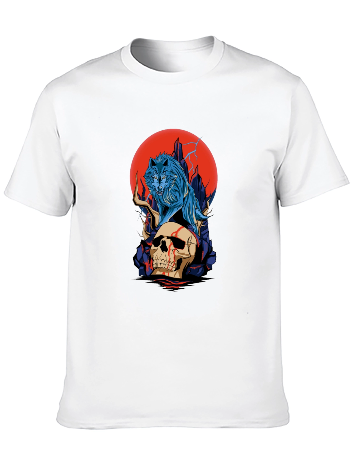 Camiseta Negra: Lobo y Cráneo con Luna Roja