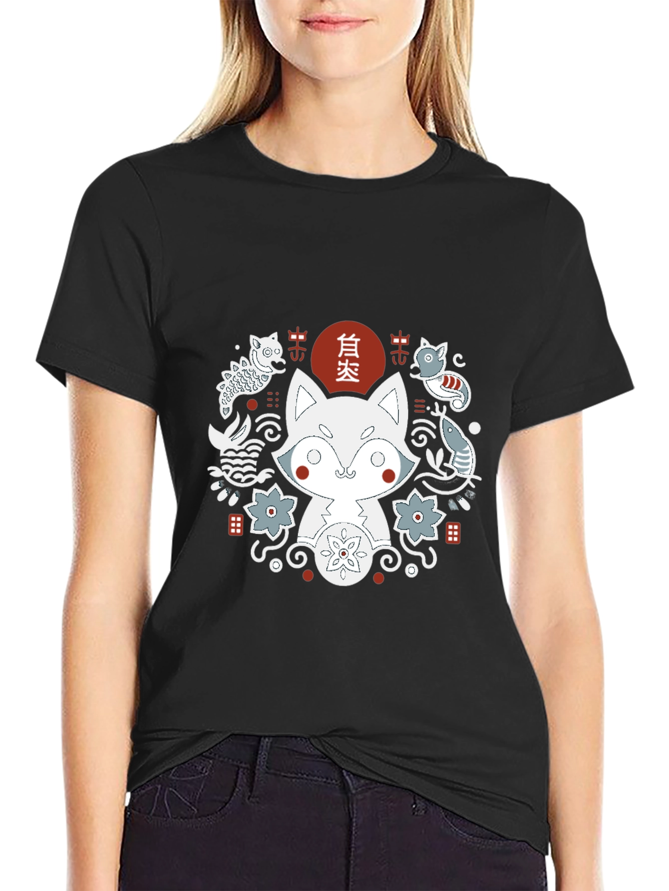 Camiseta Negra con Diseño Japonés de Zorro
