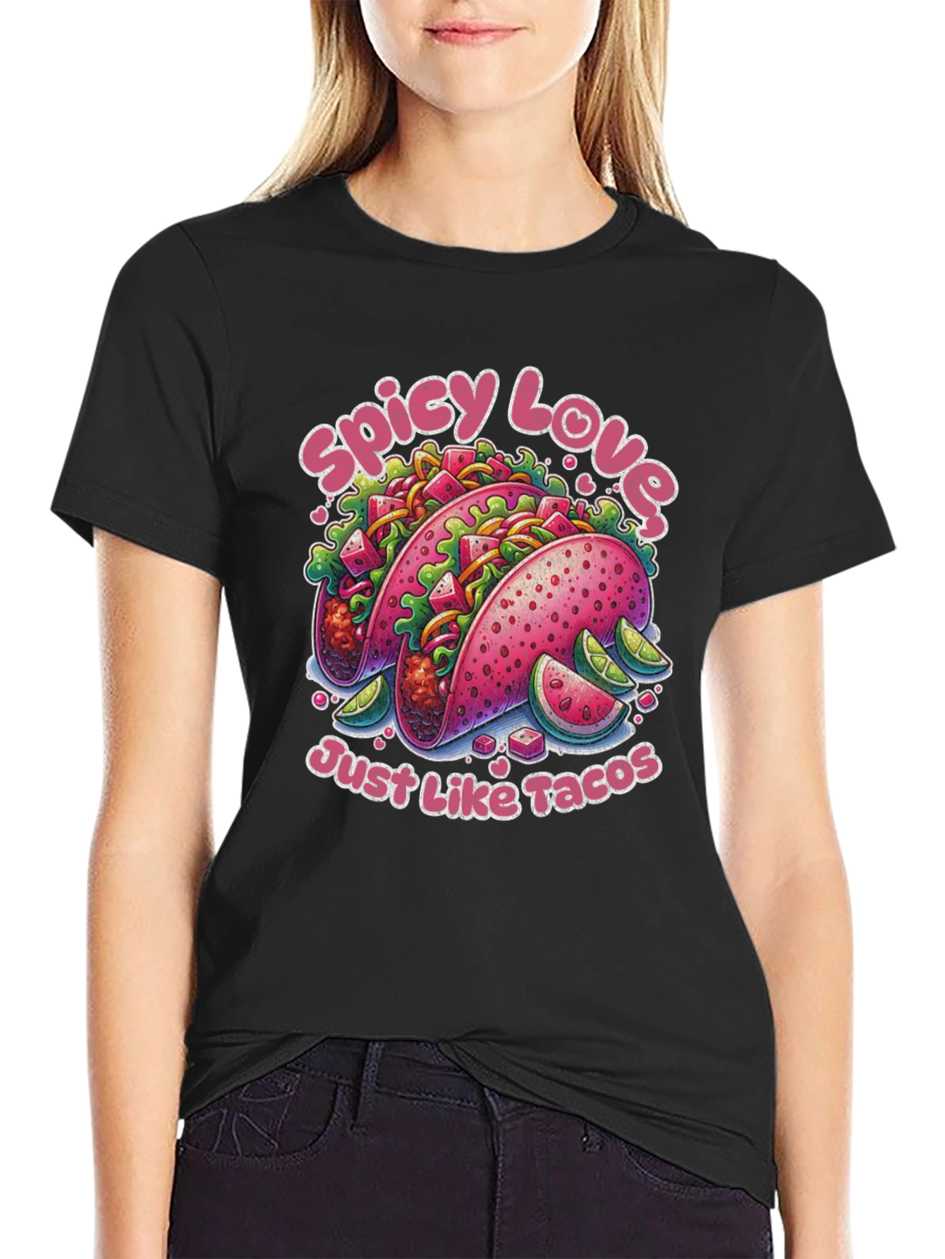 Camiseta Negra Estampada Spicy Love Tacos