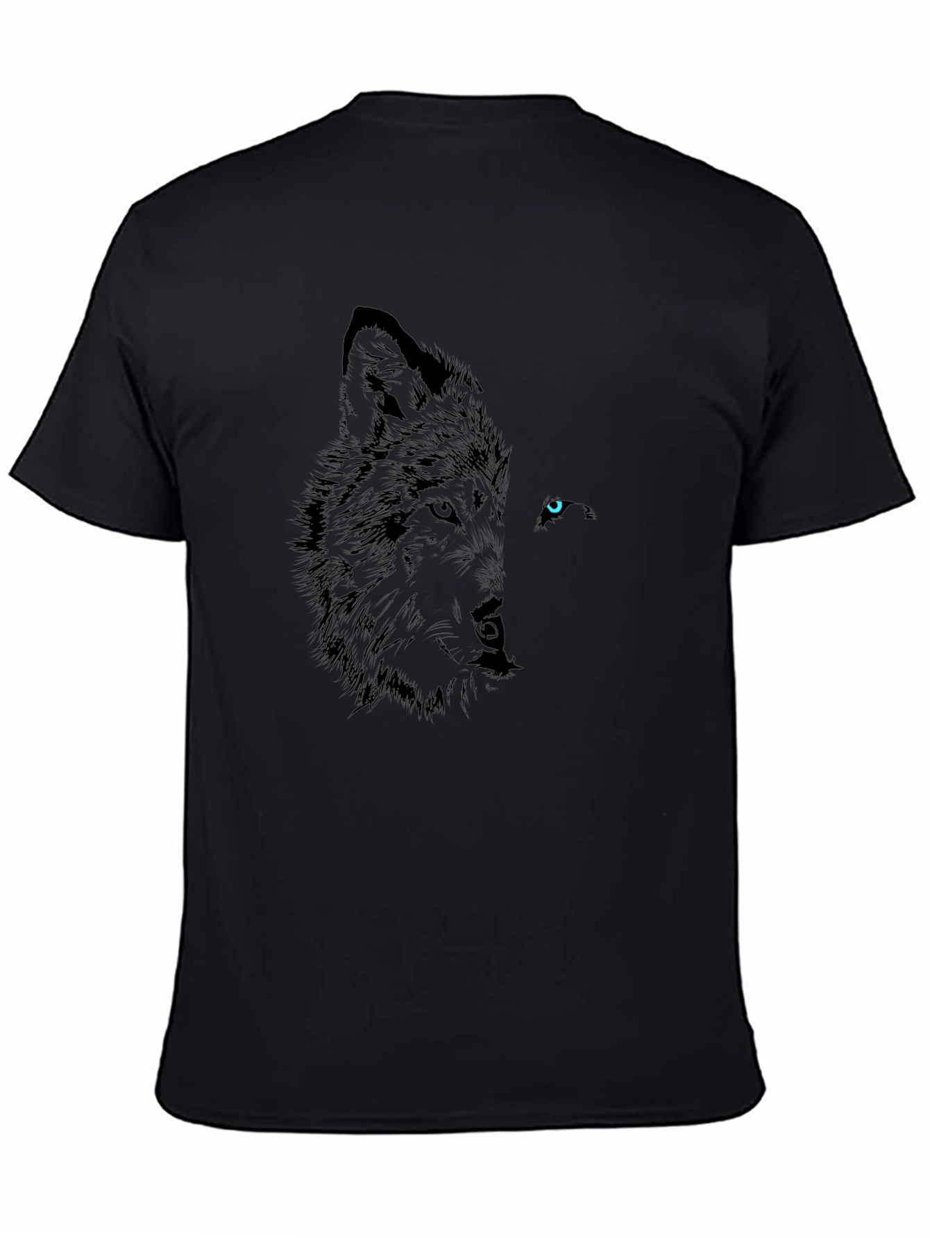 Camiseta Negra con Diseño Lobo Ojo Azul
