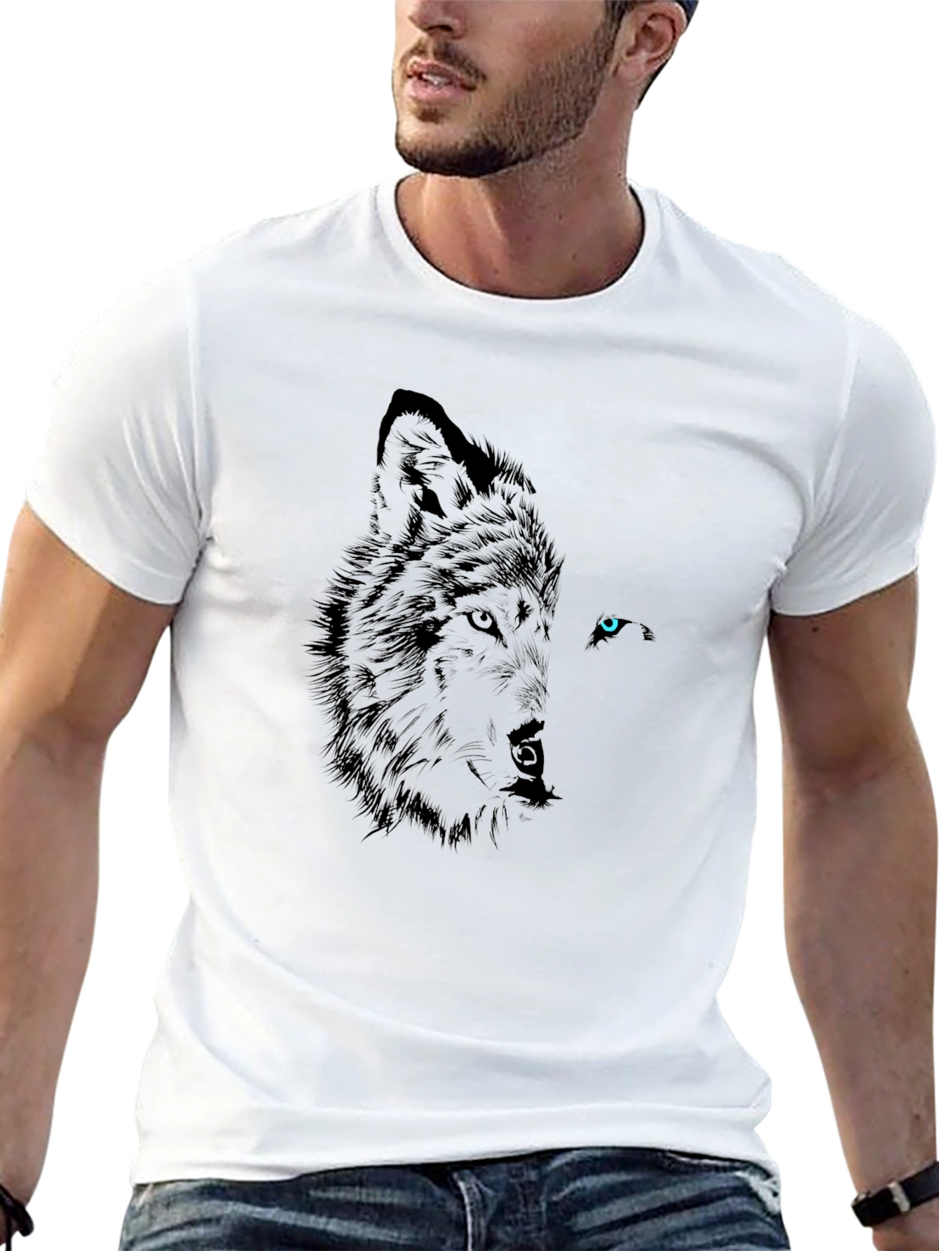 Camiseta Negra con Diseño Lobo Ojo Azul