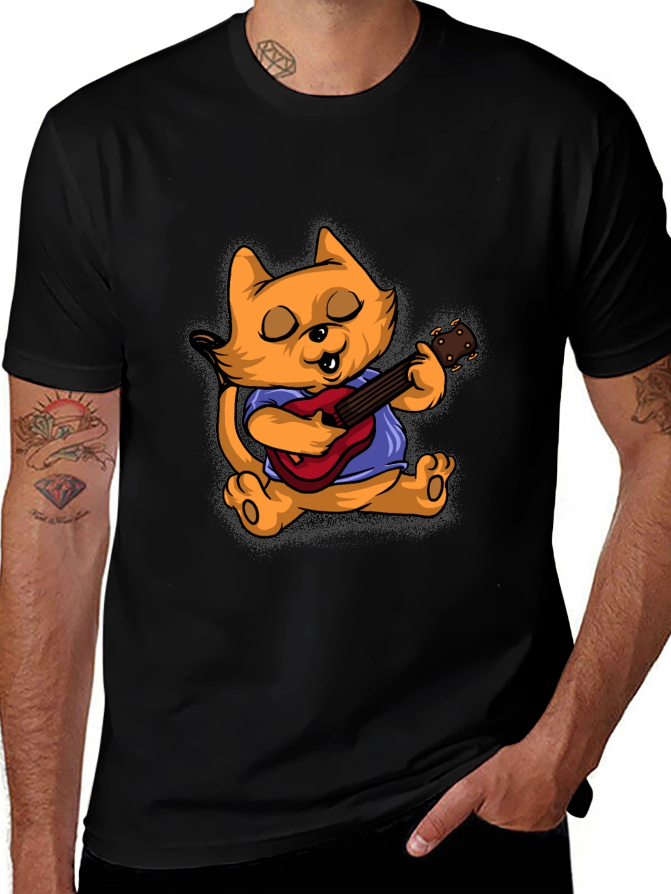 Camiseta Negra con Gato Guitarrista