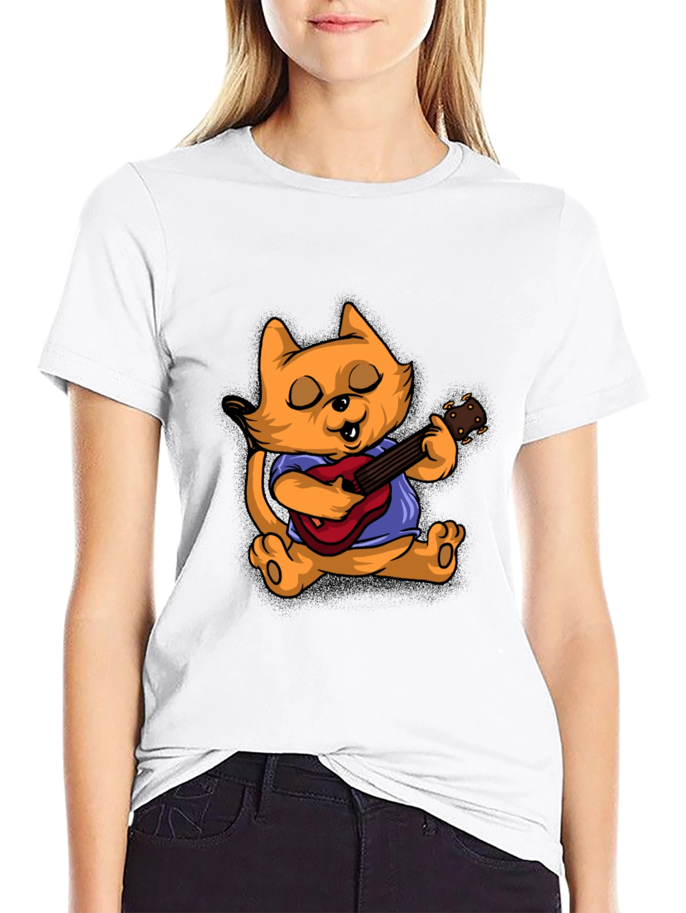 Camiseta Negra con Gato Guitarrista