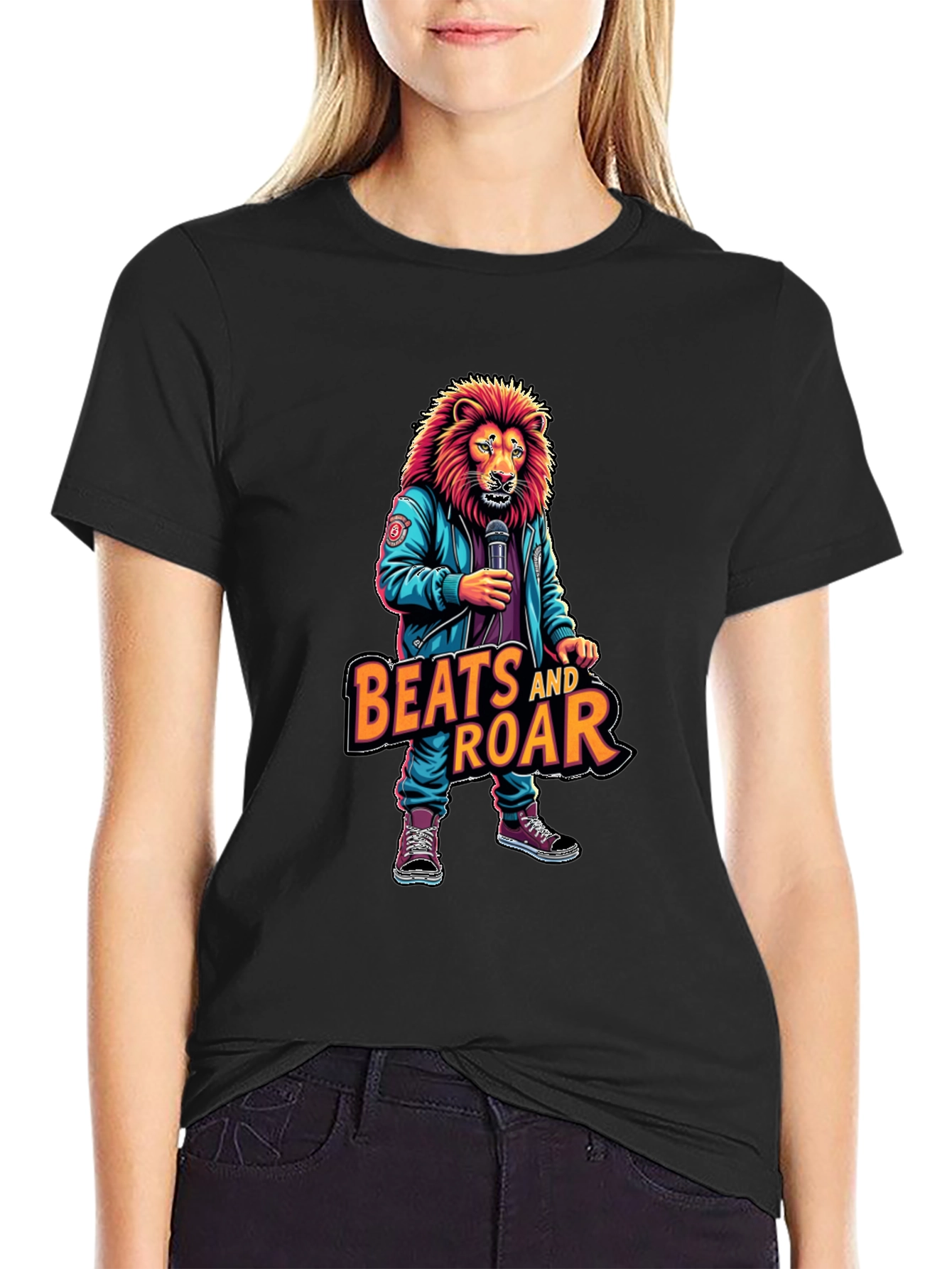 Camiseta Negra con Diseño de León Beats and Roar