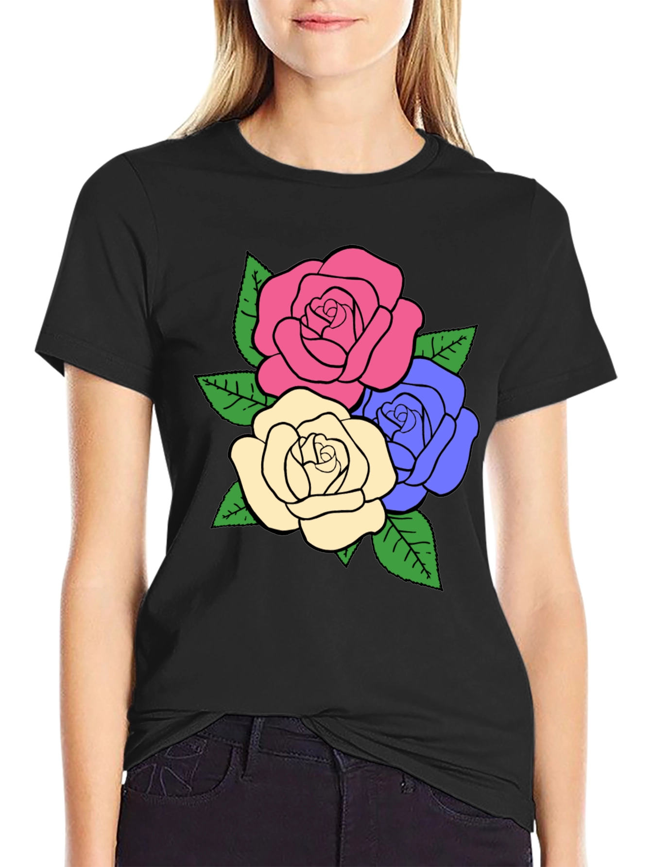 Camiseta Negra con Diseño Floral de Rosas