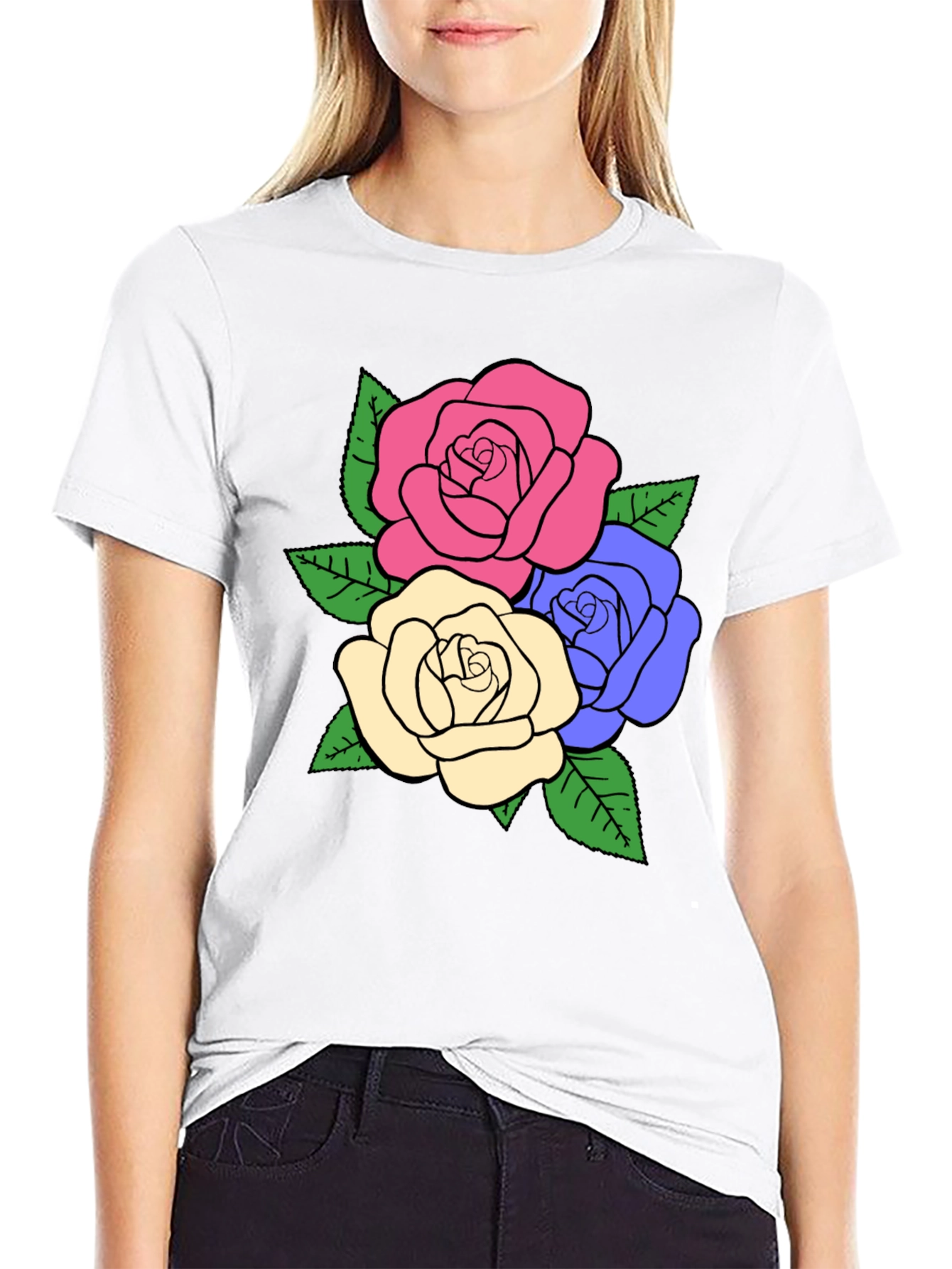 Camiseta Negra con Diseño Floral de Rosas