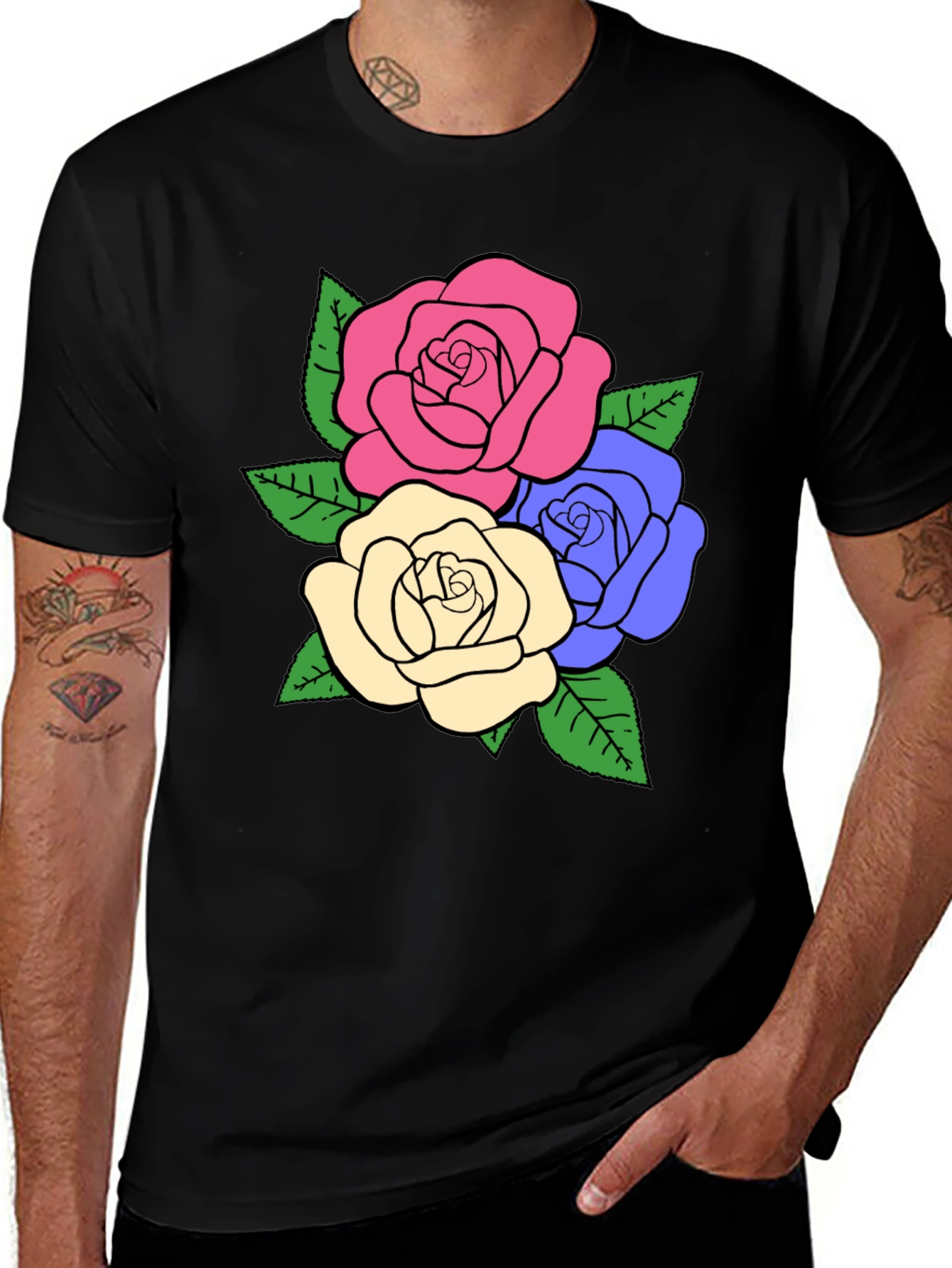 Camiseta Negra con Diseño Floral de Rosas