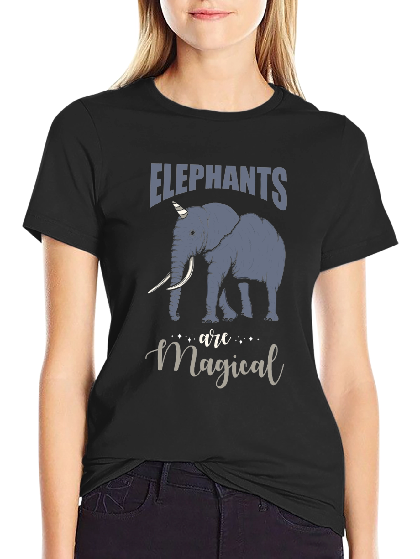Camiseta Negra con Estampado de Elefante Mágico