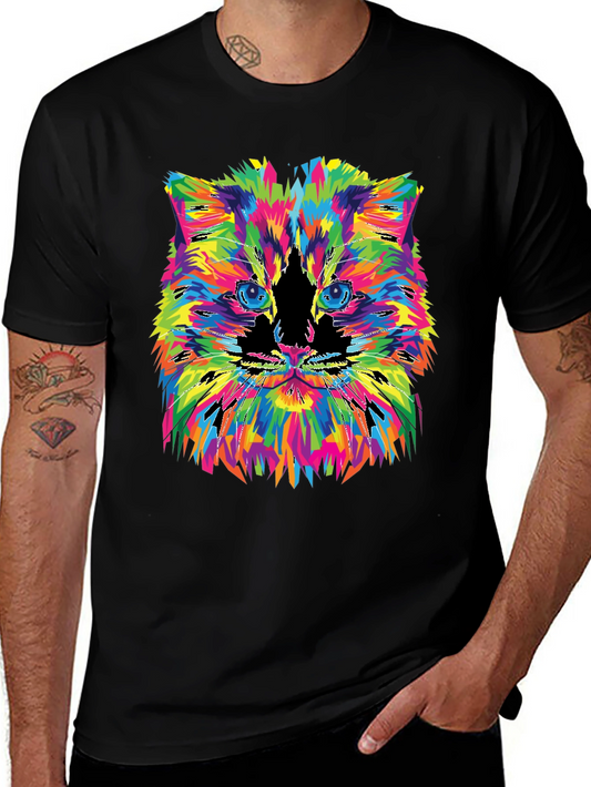 Camiseta Negra con Diseño de Gato Abstracto Multicolor
