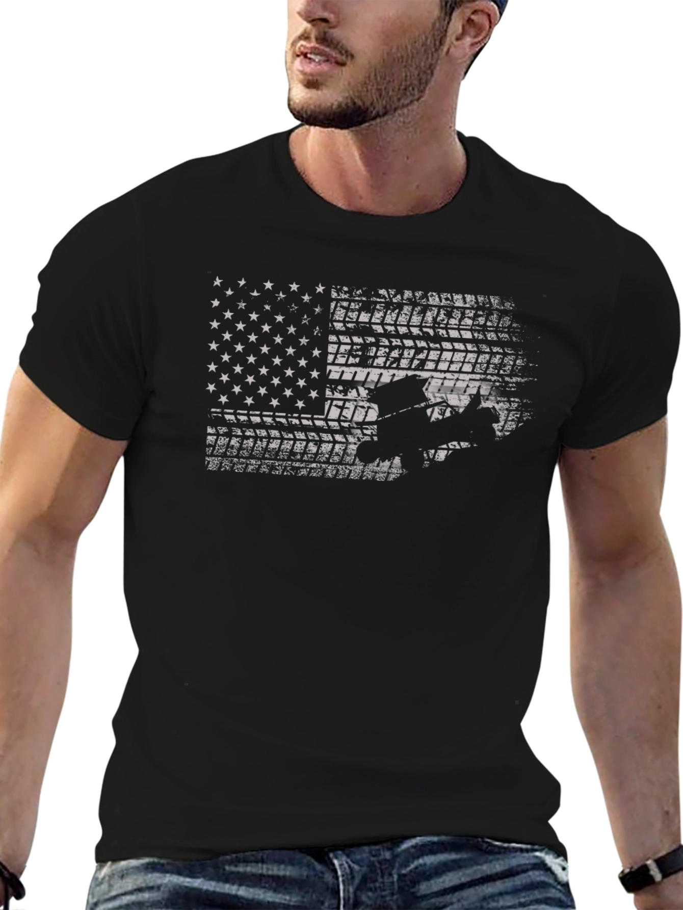 Camiseta Negra con Diseño de Bandera Americana Todoterreno