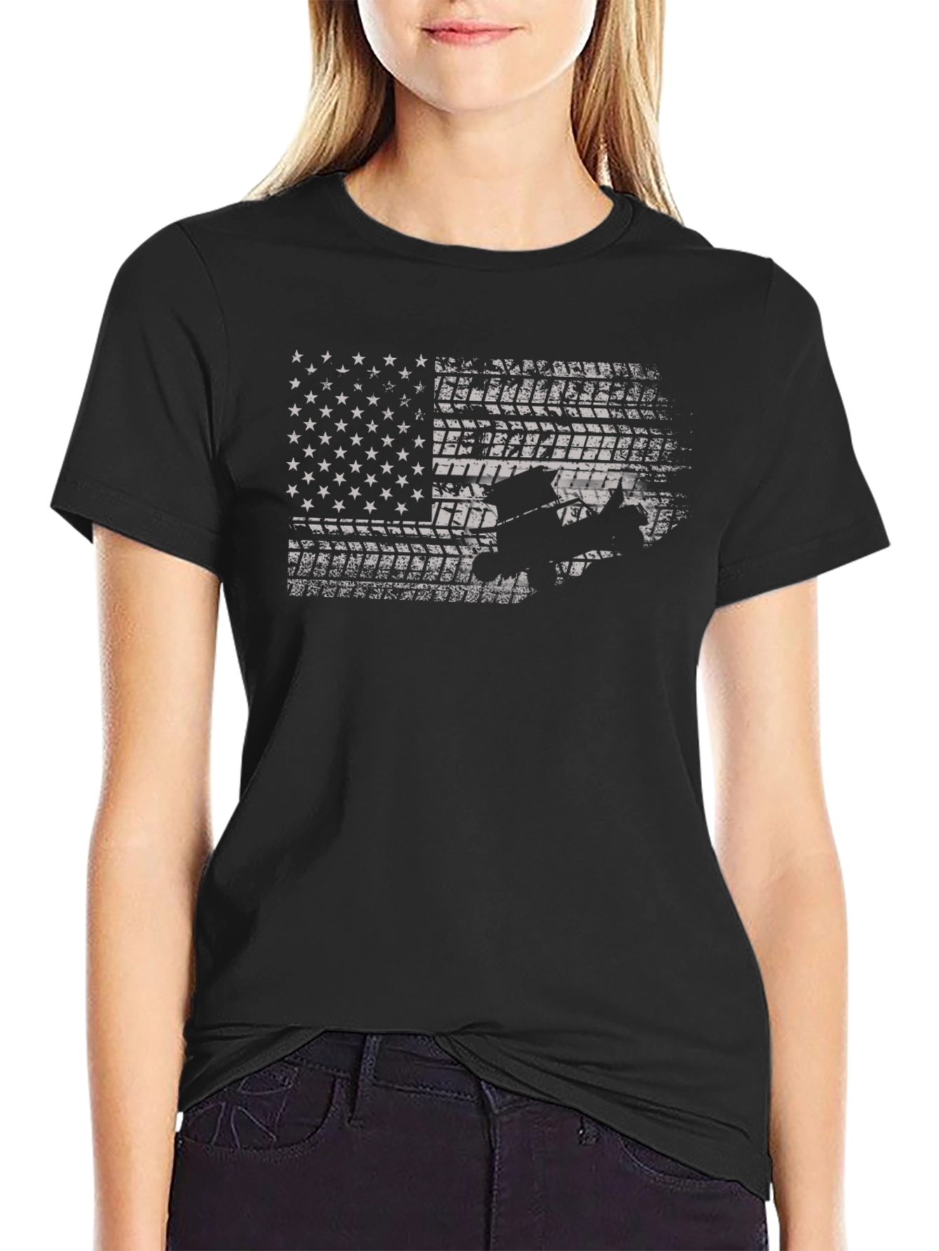 Camiseta Negra con Diseño de Bandera Americana Todoterreno