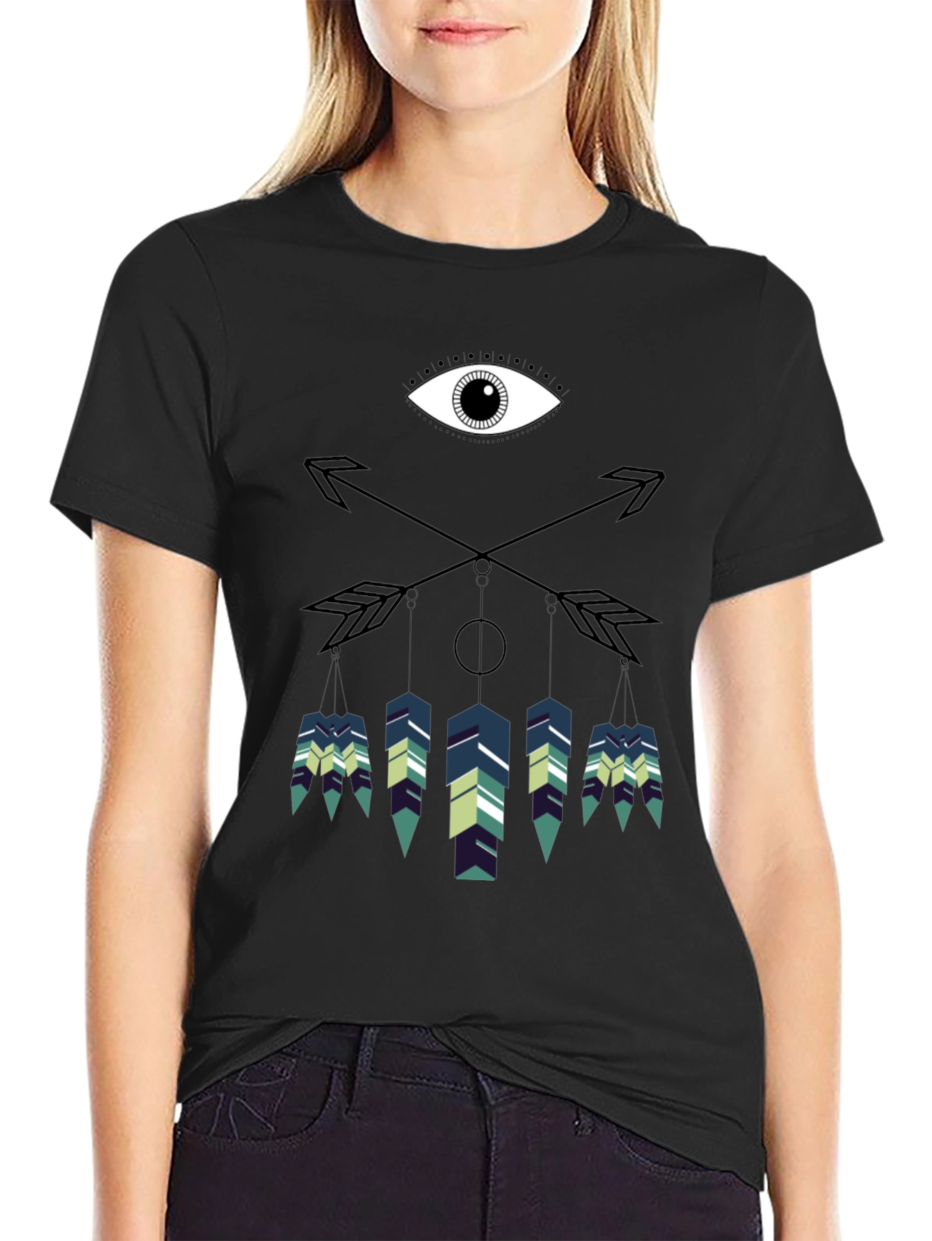 Camiseta Negra con Diseño Ojo y Flechas