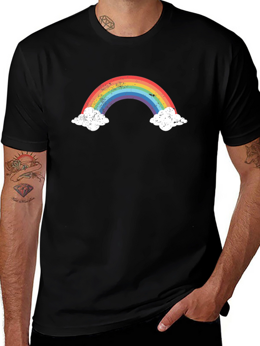 Camiseta Negra Arcoíris Vintage con Nubes