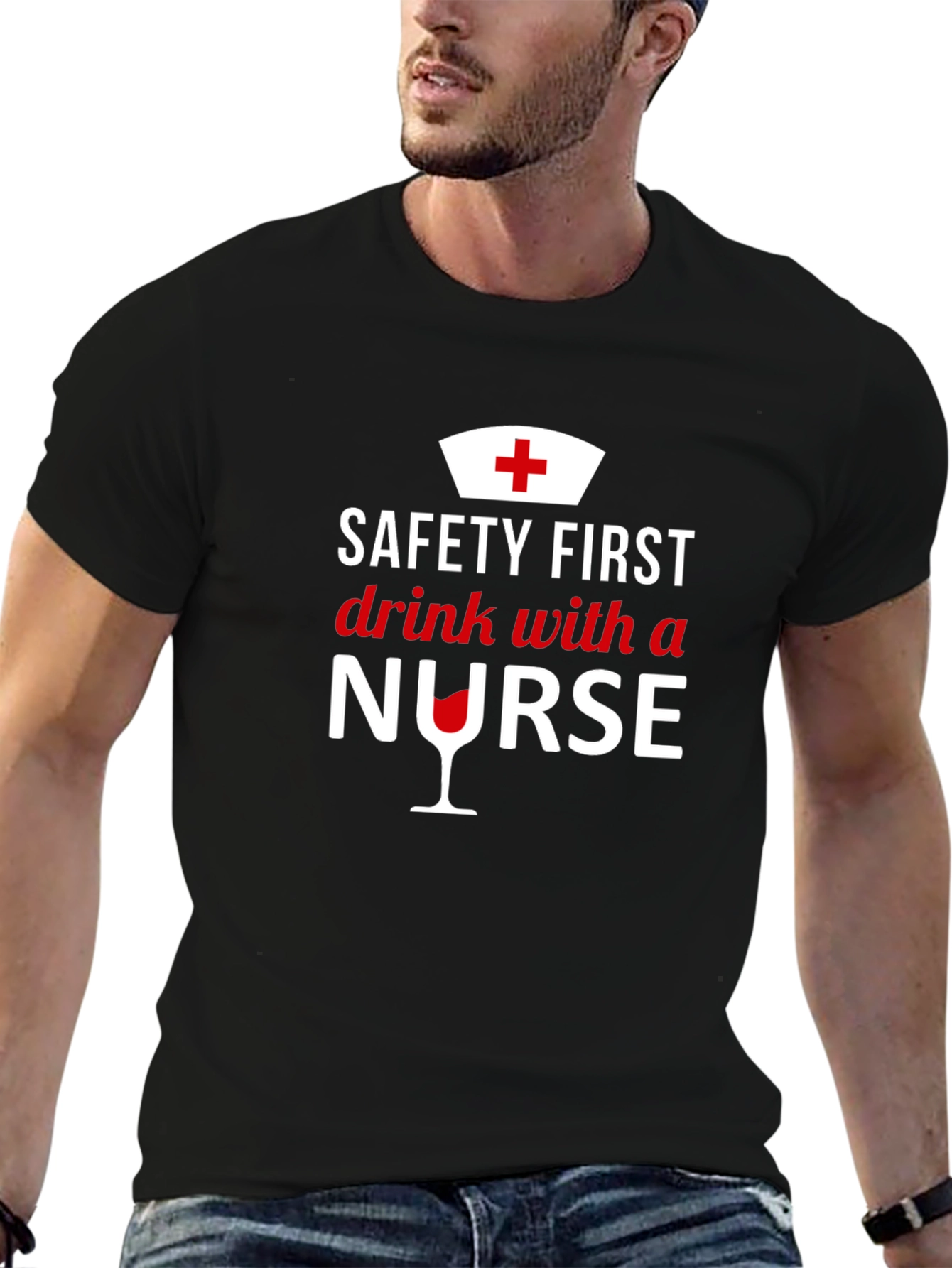 Camiseta Negra Safety First Drink With a Nurse