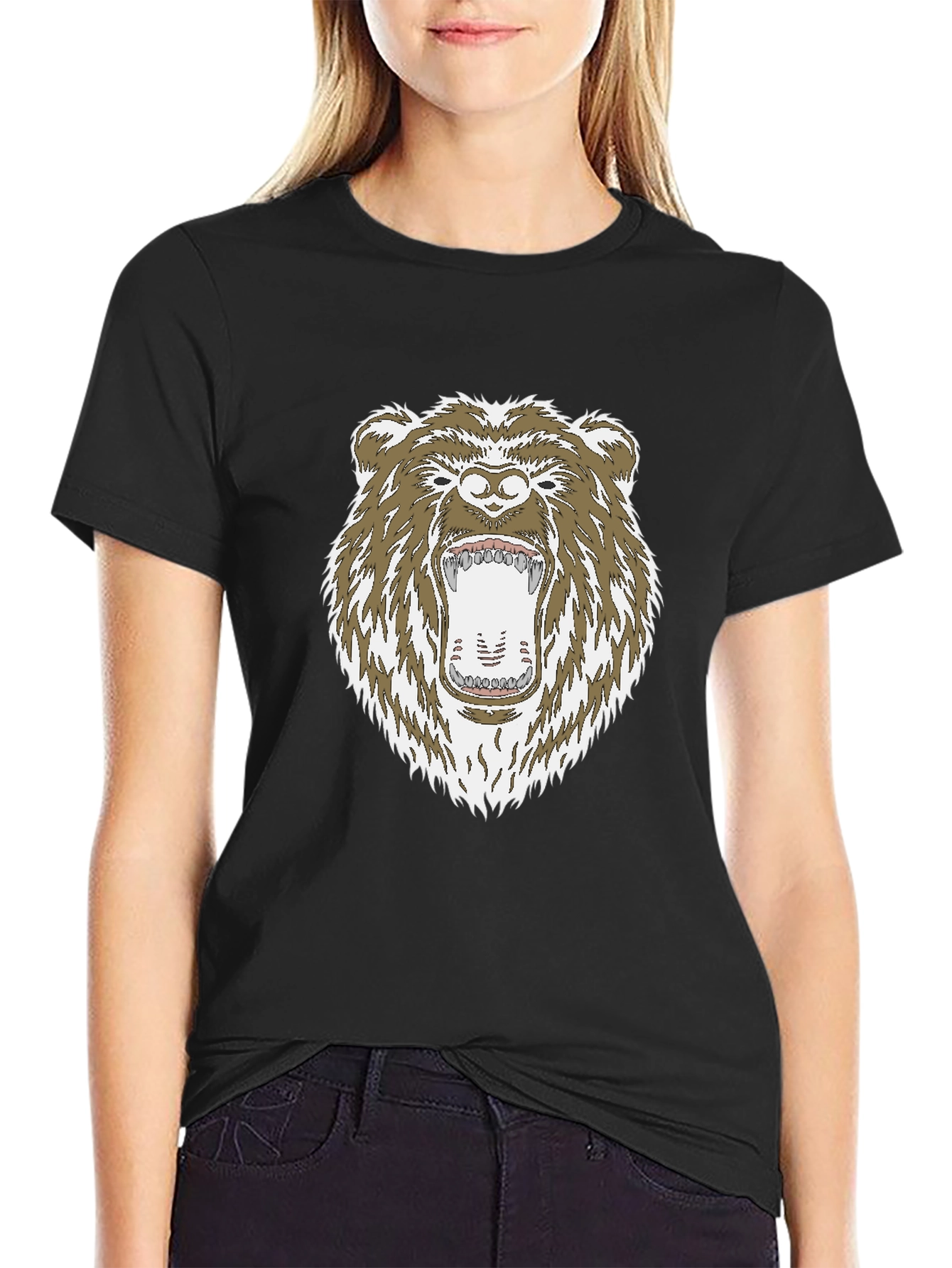 Camiseta Negra con Estampado de Oso Grizzly