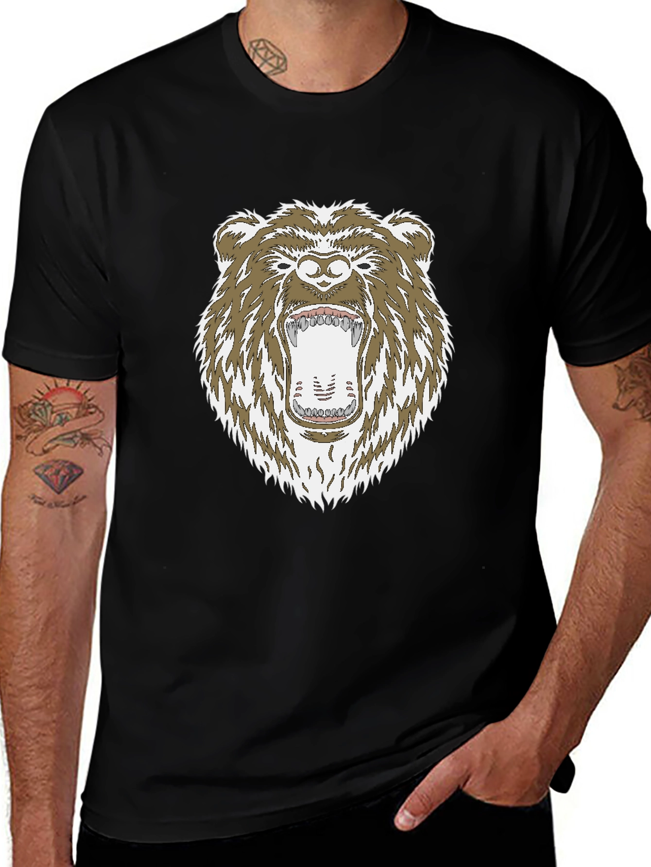 Camiseta Negra con Estampado de Oso Grizzly