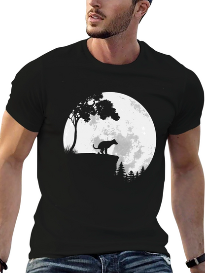 Camiseta Negra Estampada: Perro aullando a la Luna