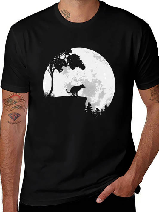 Camiseta Negra Estampada: Perro aullando a la Luna