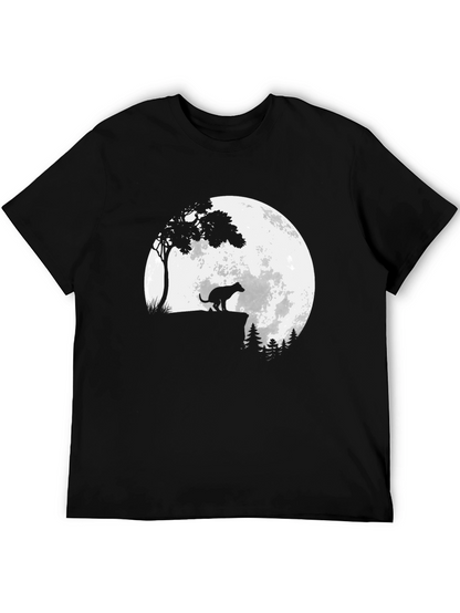 Camiseta Negra Estampada: Perro aullando a la Luna